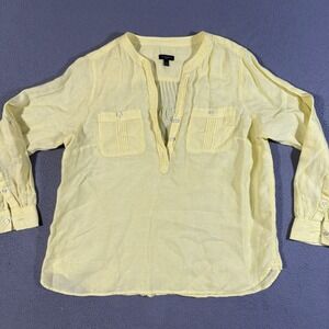 Talbots Woman's‎ Top LP Petite Yellow 100% Linen Long Sleeve Button Front Pocket
